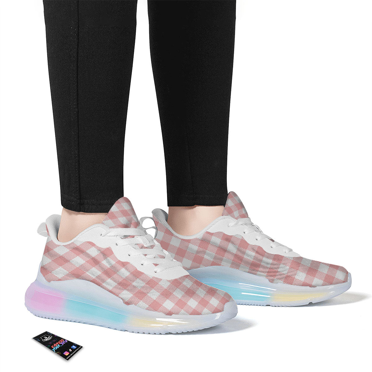 Pink And White Gingham Print Pattern Running Sneakers-grizzshop