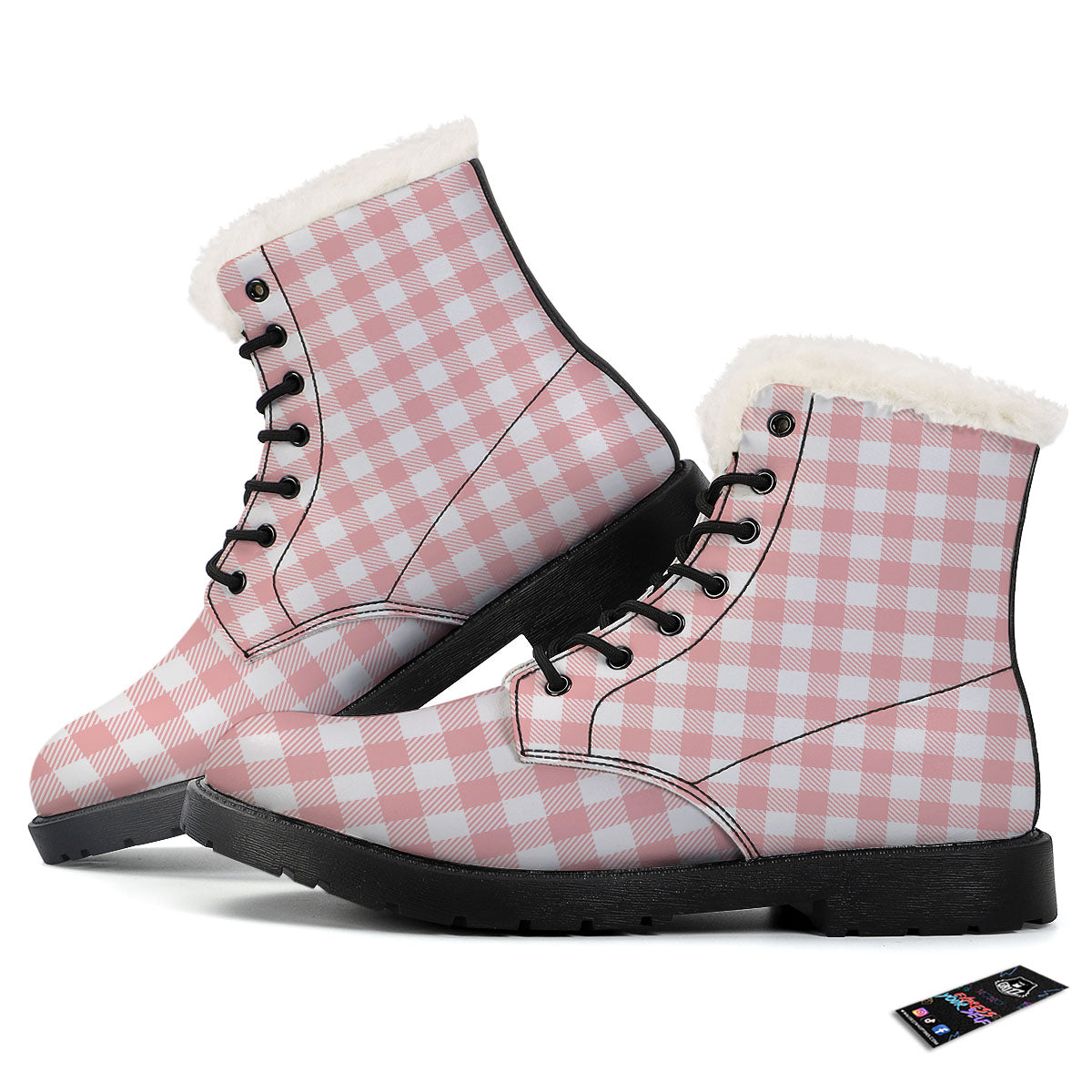 Pink And White Gingham Print Pattern Winter Boots-grizzshop