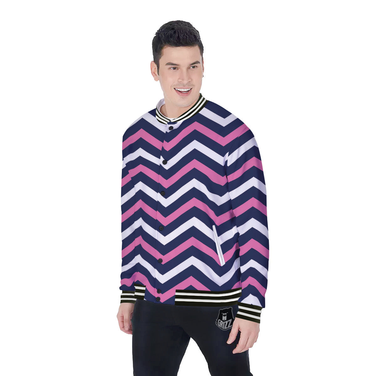 Pink And White Navy Chevron Print Baseball Jacket-grizzshop