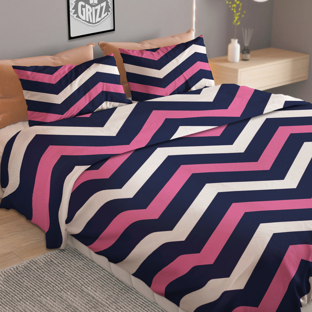 Pink And White Navy Chevron Print Duvet Cover Bedding Set