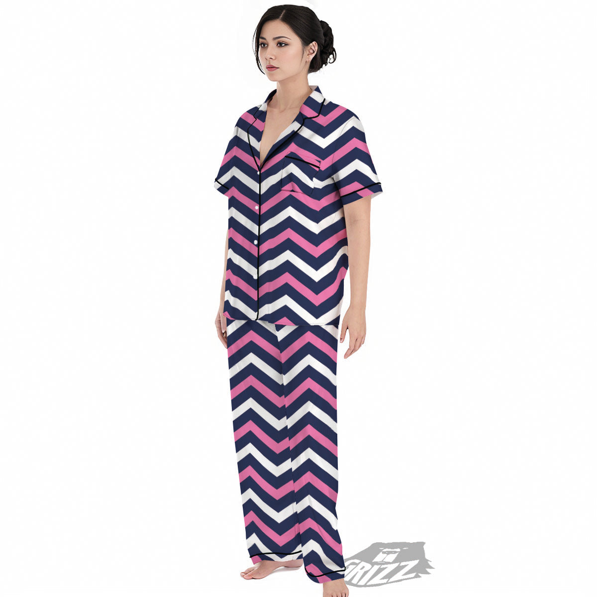 Pink And White Navy Chevron Print Women's Pajamas Set-grizzshop