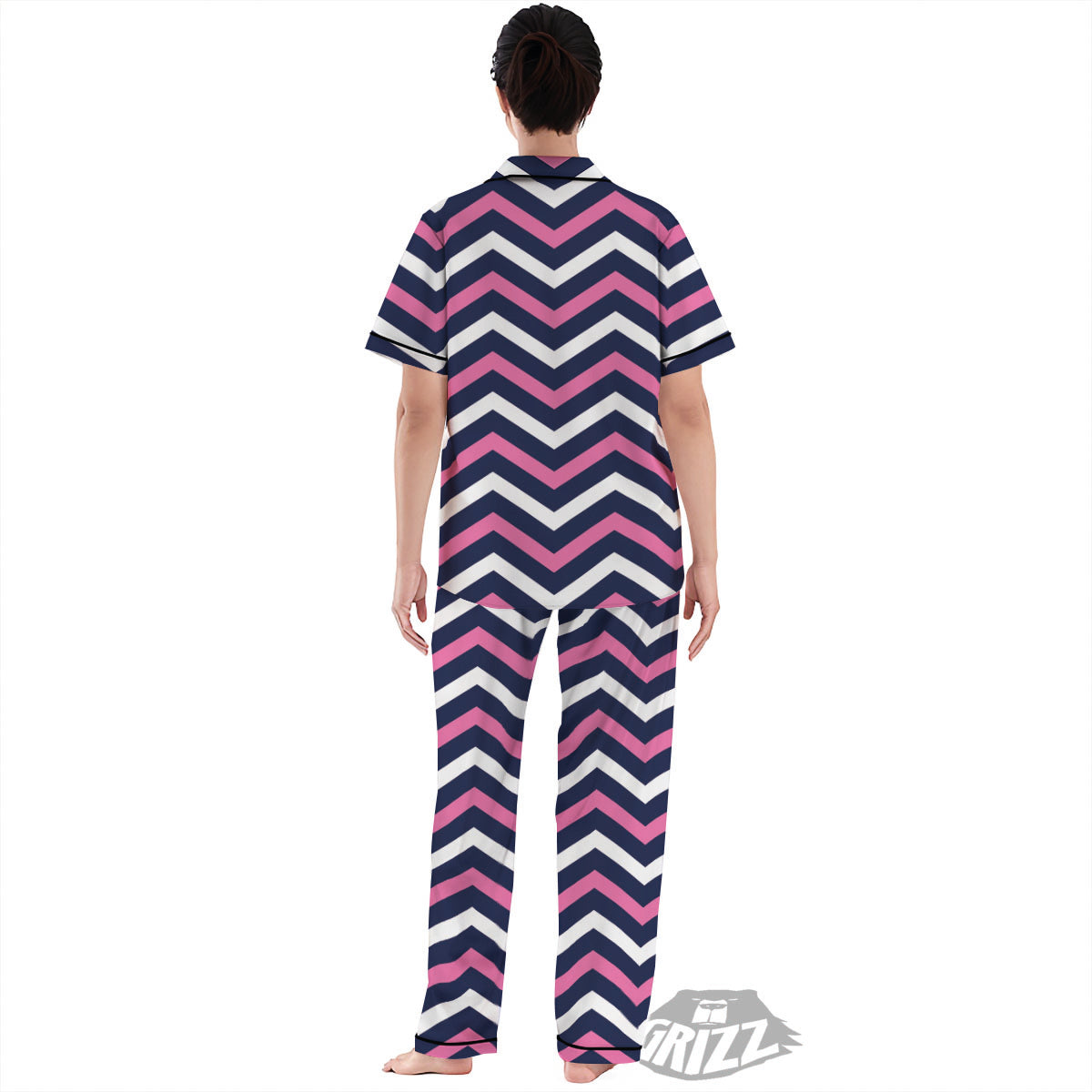Pink And White Navy Chevron Print Women's Pajamas Set-grizzshop