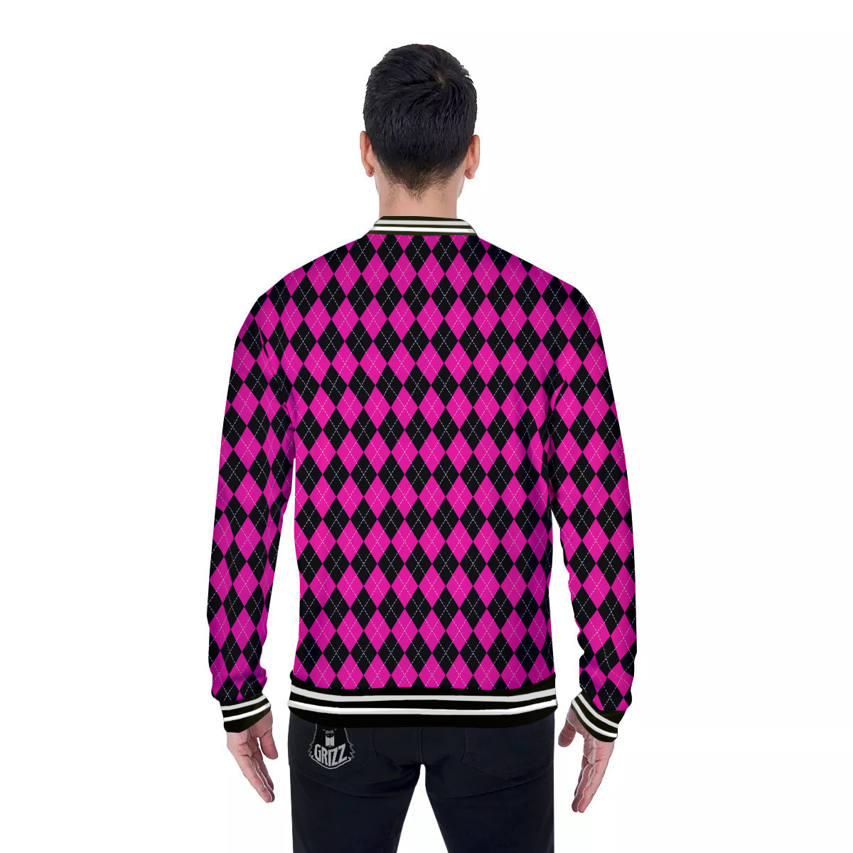 Pink Argyle Deep And Black Print Pattern Baseball Jacket-grizzshop