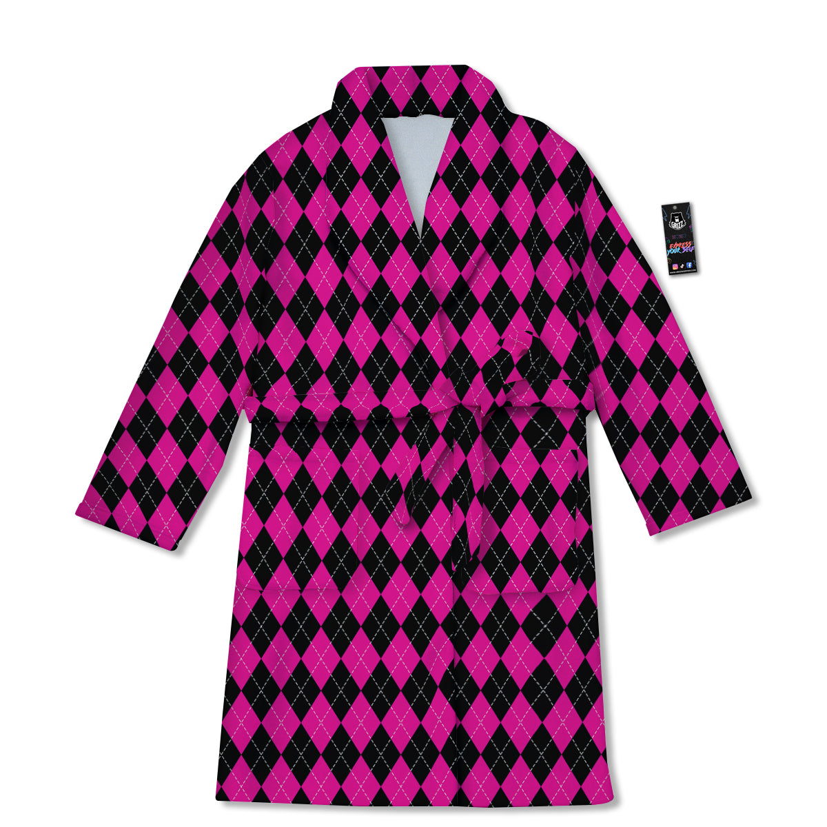 Pink Argyle Deep And Black Print Pattern Bathrobe-grizzshop