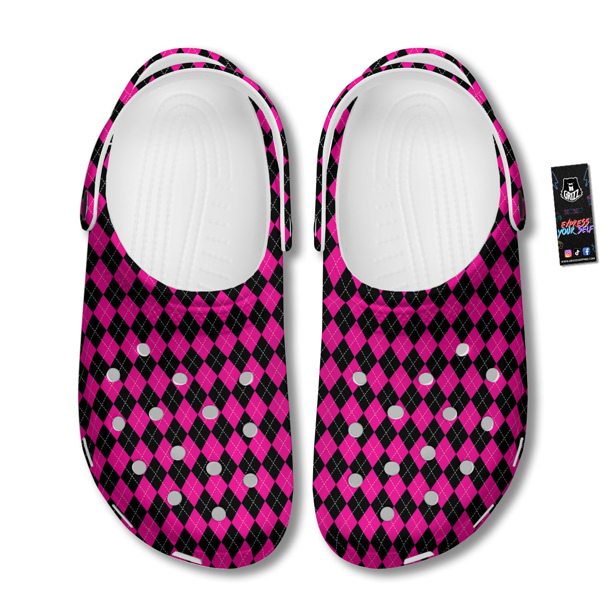 Pink Argyle Deep And Black Print Pattern Clog-grizzshop