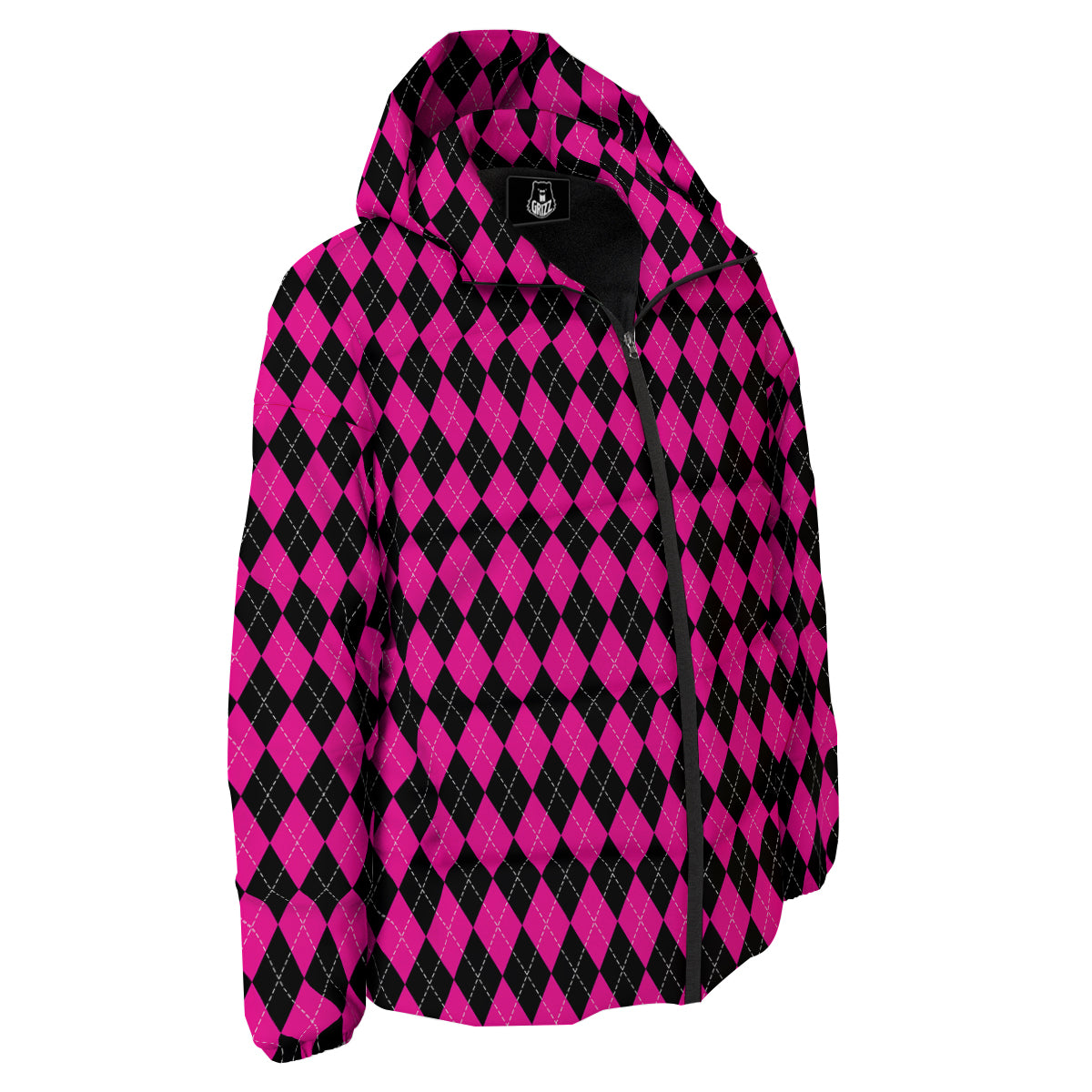Pink Argyle Deep And Black Print Pattern Down Jacket-grizzshop