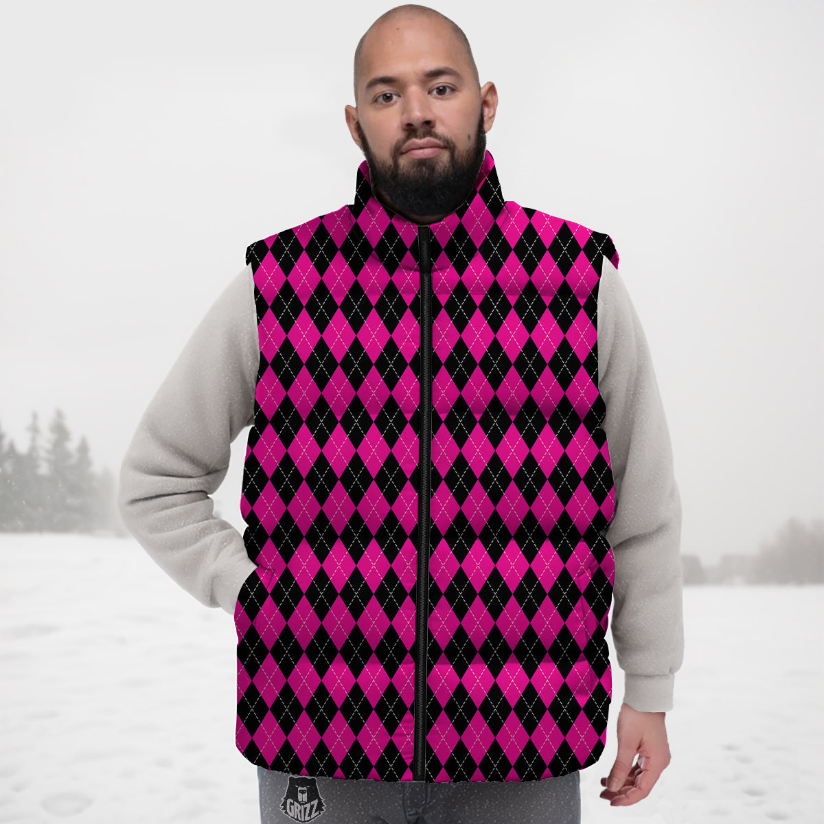 Pink Argyle Deep And Black Print Pattern Down Vest-grizzshop