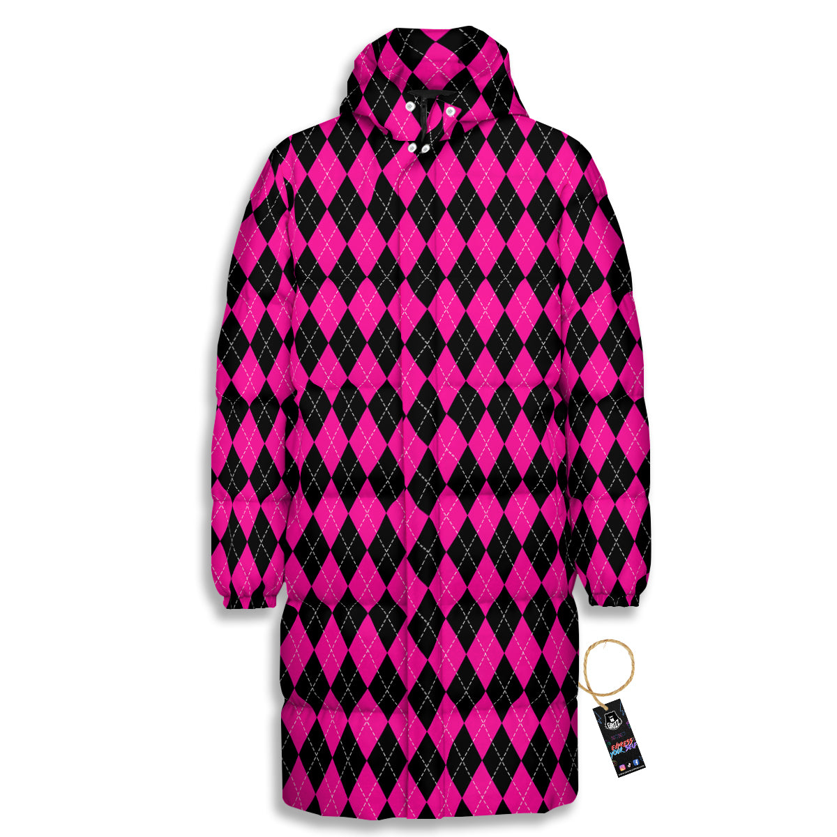 Pink Argyle Deep And Black Print Pattern Long Down Jacket-grizzshop