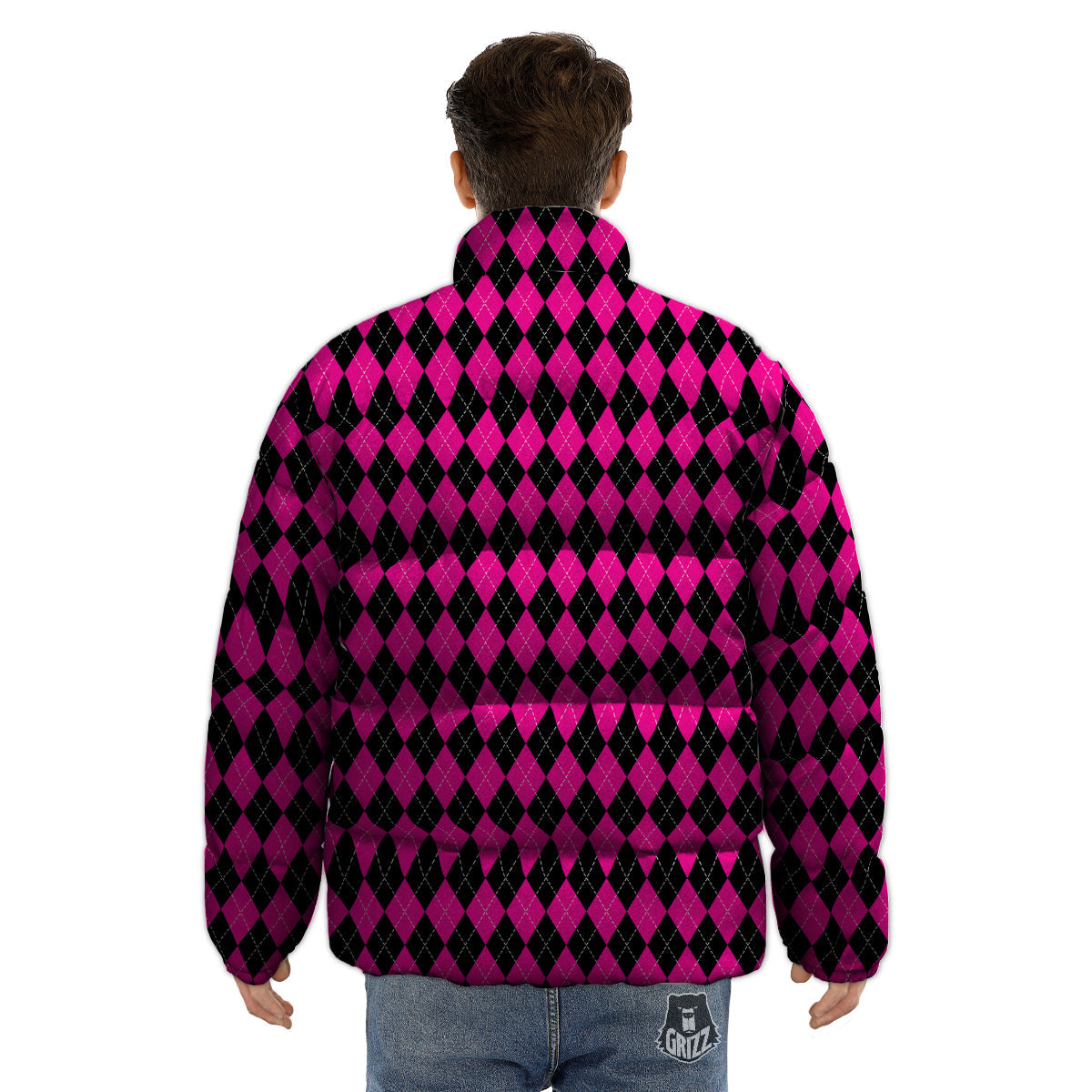 Pink Argyle Deep And Black Print Pattern Puffer Jacket-grizzshop