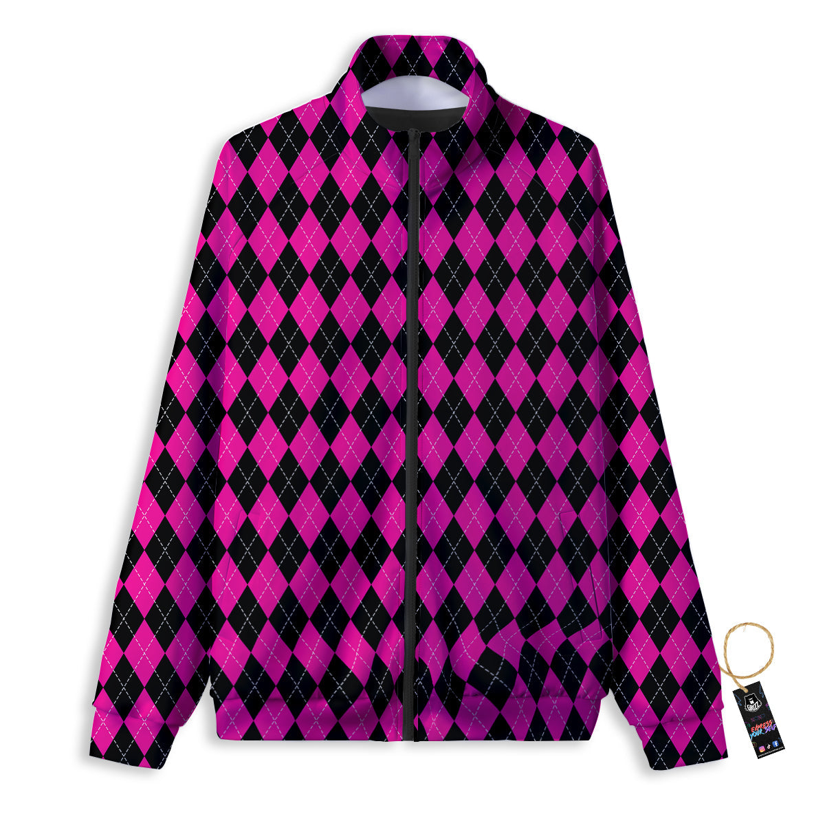 Pink Argyle Deep And Black Print Pattern Track Jacket-grizzshop
