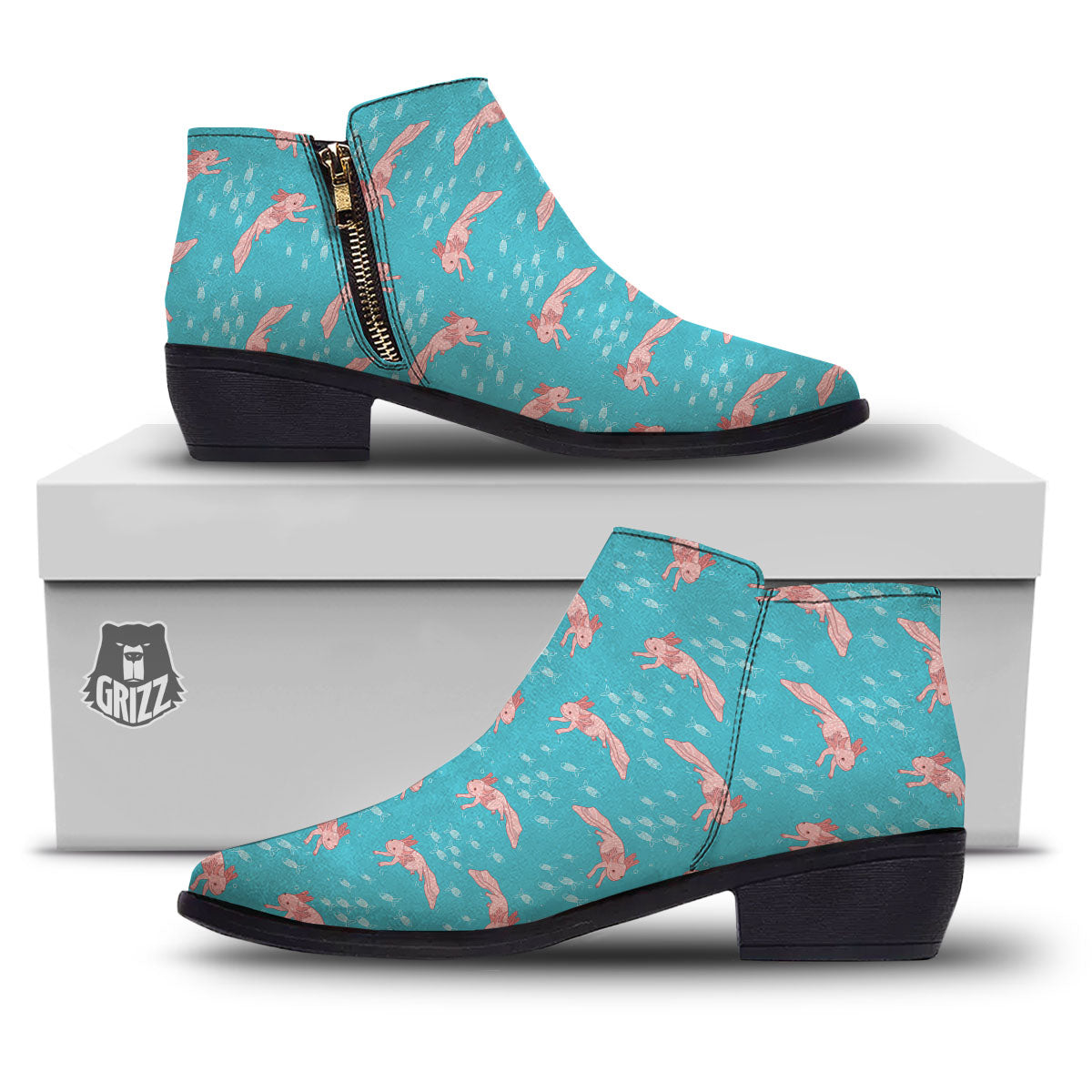 Pink Axolotl Teal Print Pattern Ankle Boots-grizzshop