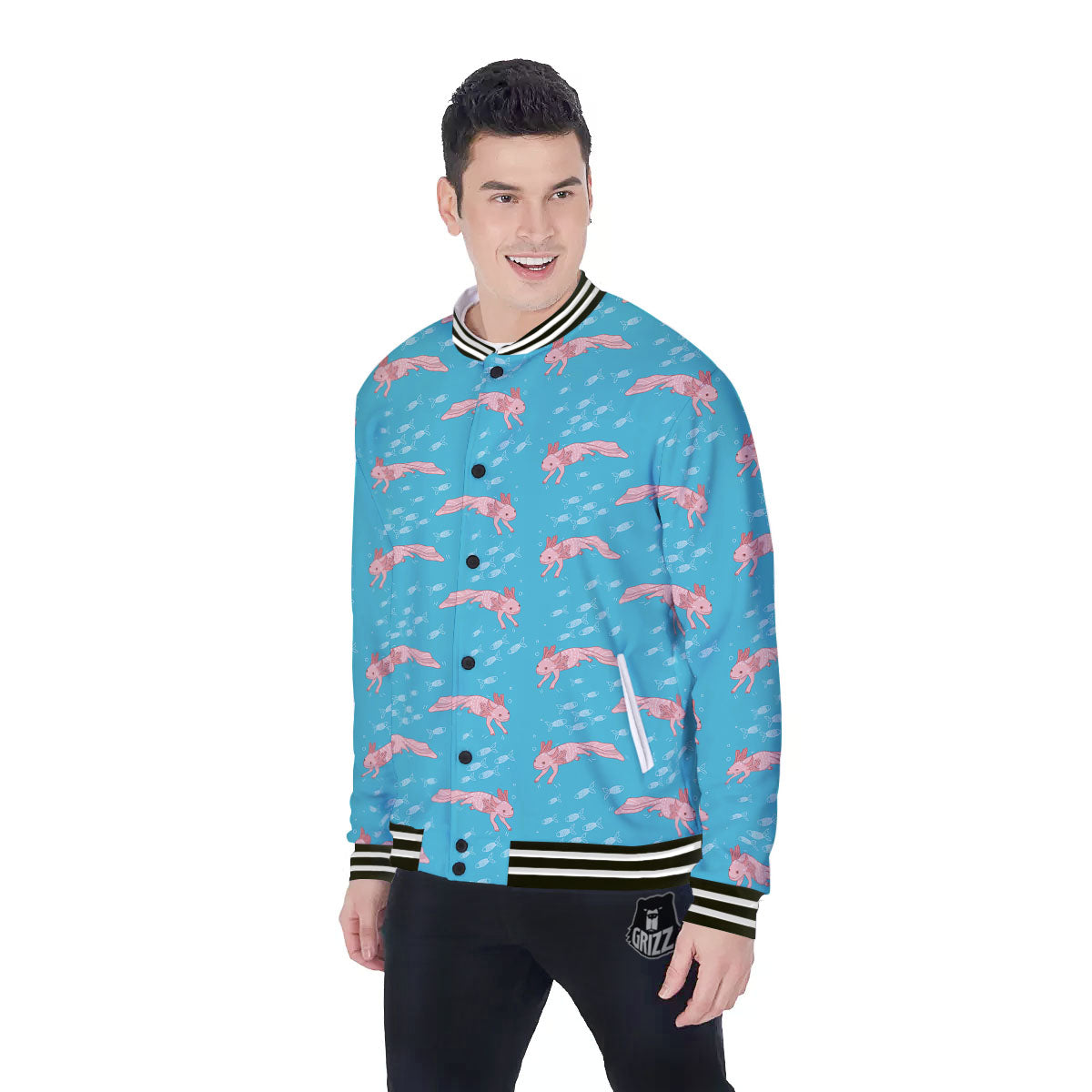 Pink Axolotl Teal Print Pattern Baseball Jacket-grizzshop