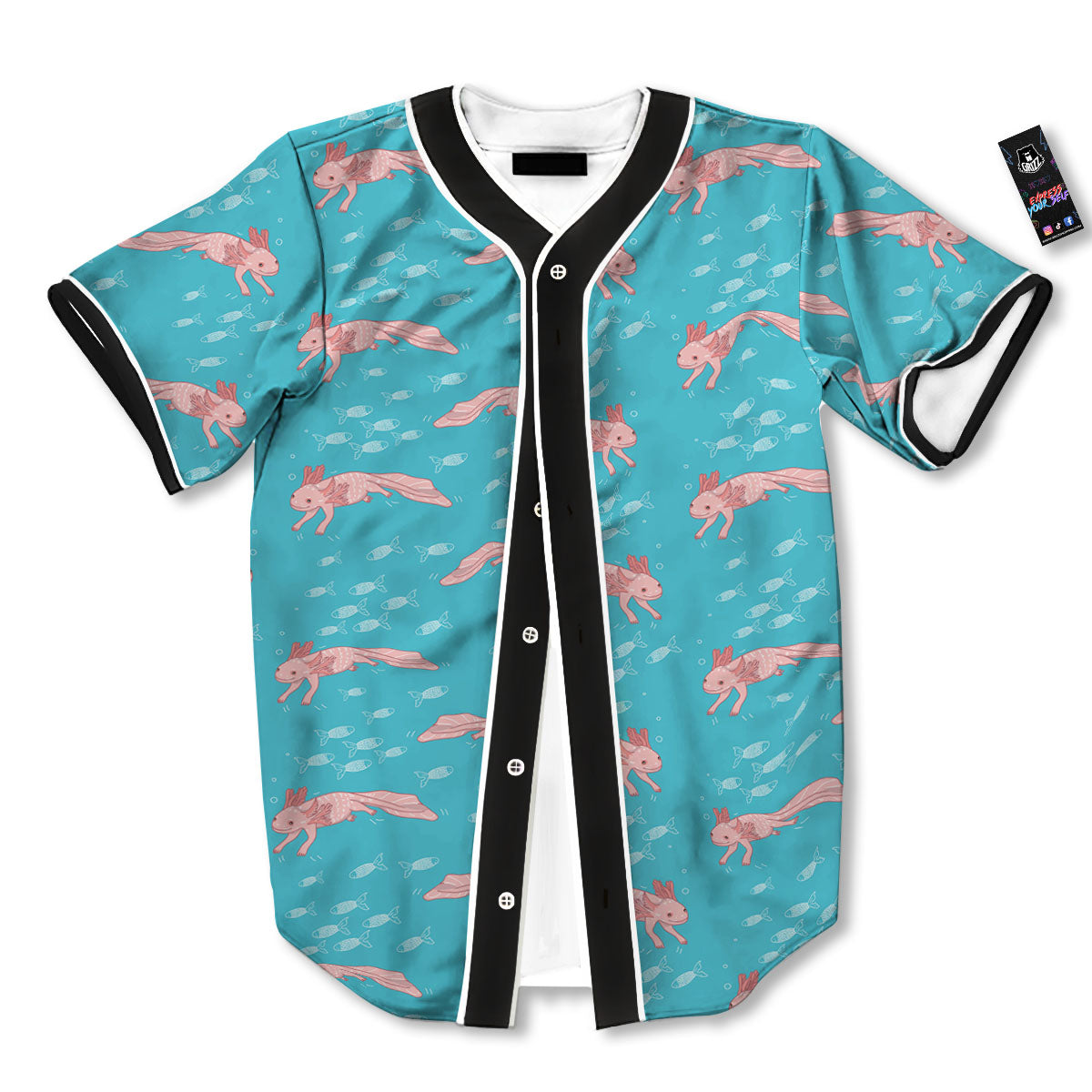 Pink Axolotl Teal Print Pattern Baseball Jersey-grizzshop
