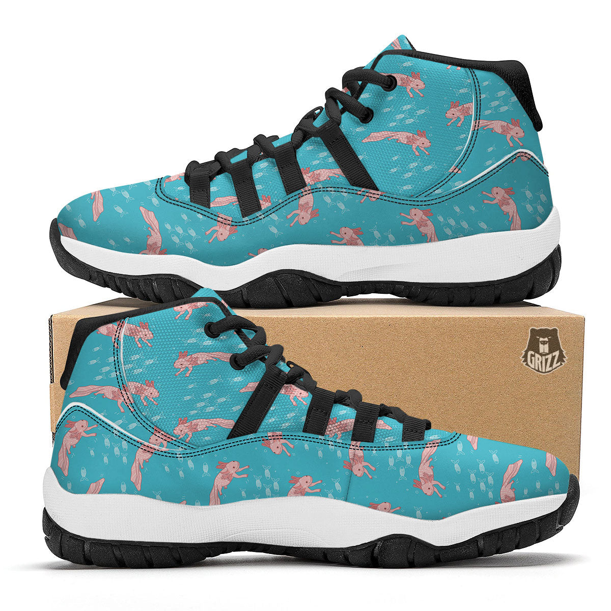 Pink Axolotl Teal Print Pattern Black Bball Shoes-grizzshop
