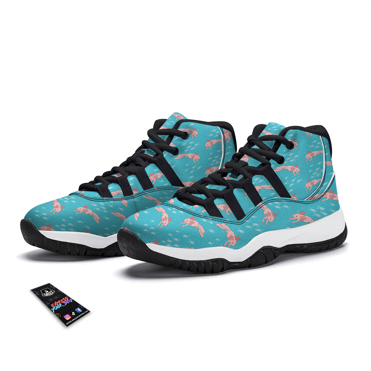 Pink Axolotl Teal Print Pattern Black Bball Shoes-grizzshop