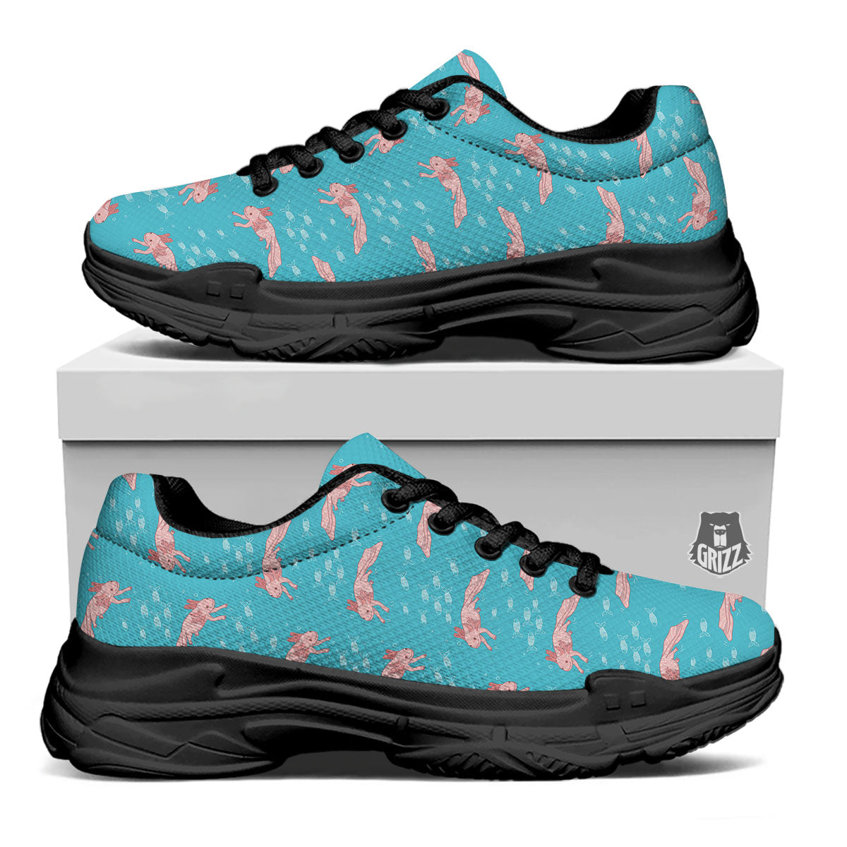Pink Axolotl Teal Print Pattern Black Chunky Shoes-grizzshop
