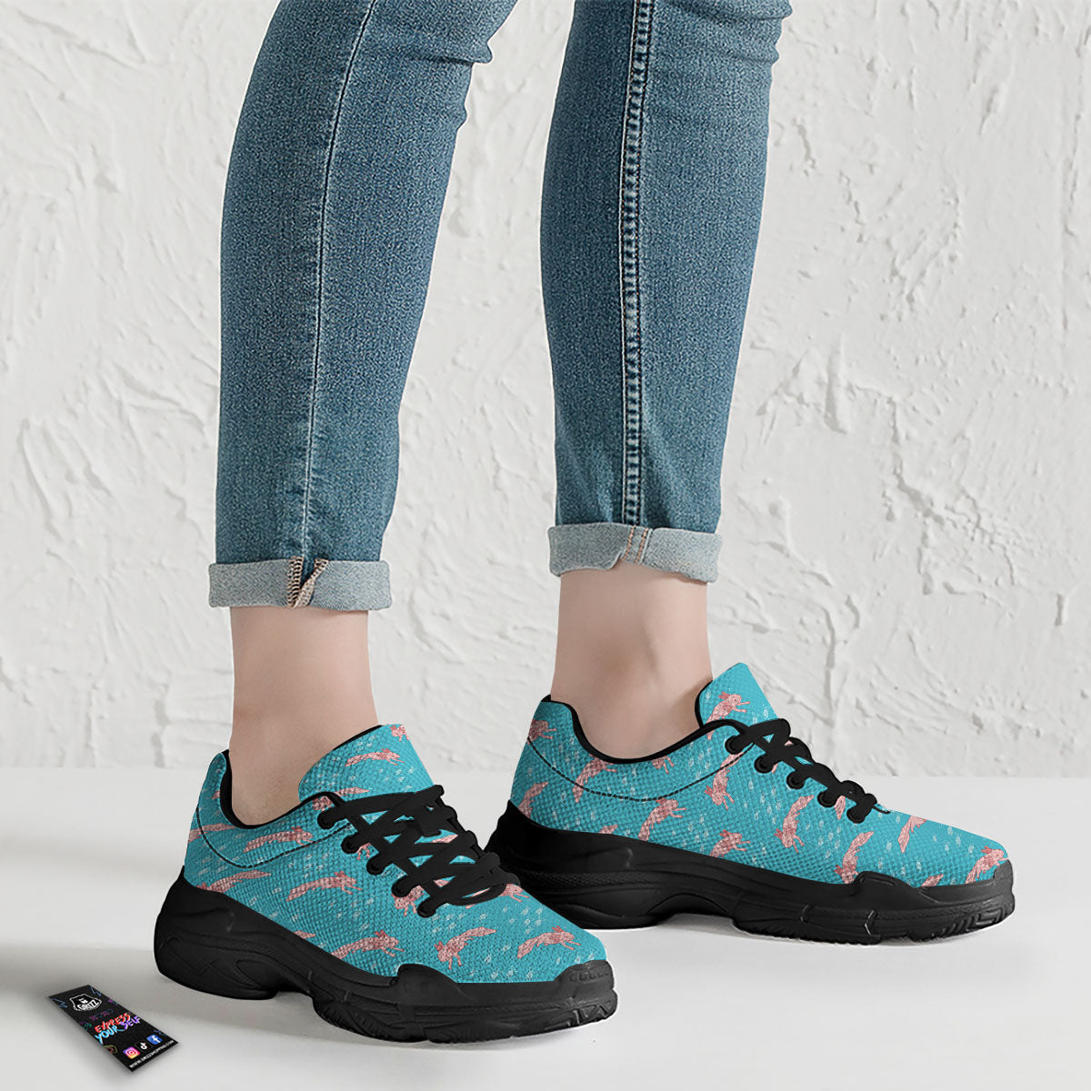 Pink Axolotl Teal Print Pattern Black Chunky Shoes-grizzshop