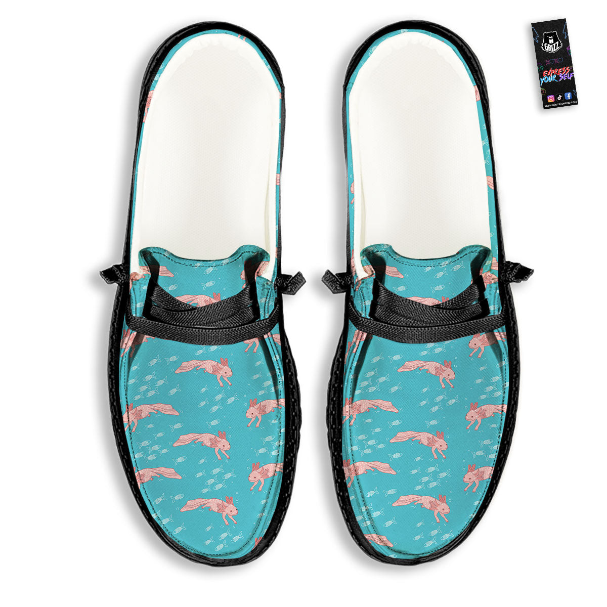 Pink Axolotl Teal Print Pattern Black Loafers-grizzshop