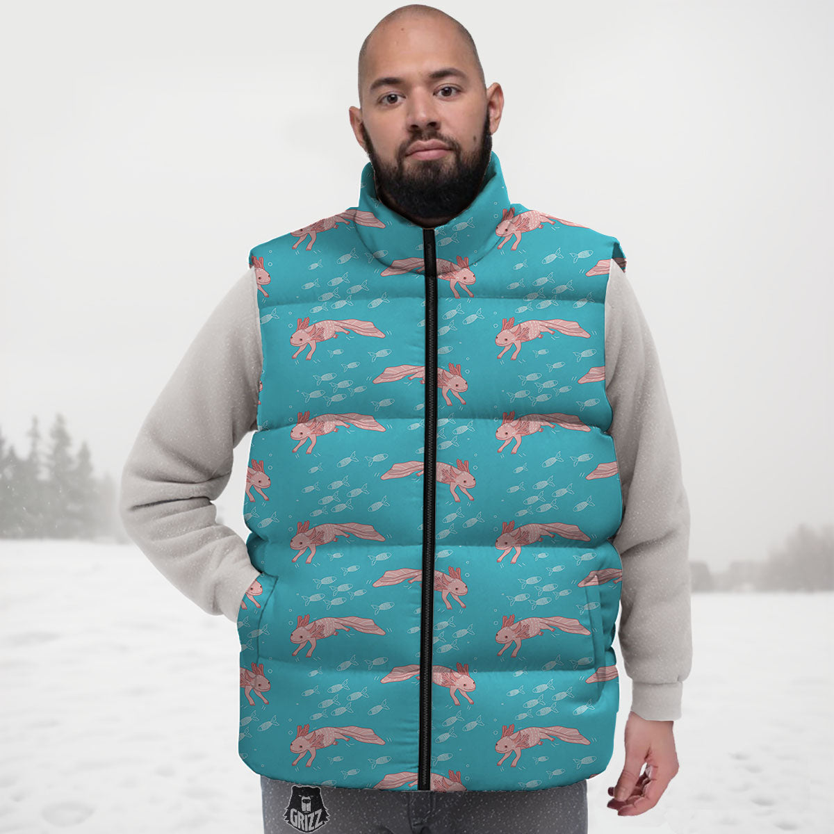 Pink Axolotl Teal Print Pattern Down Vest