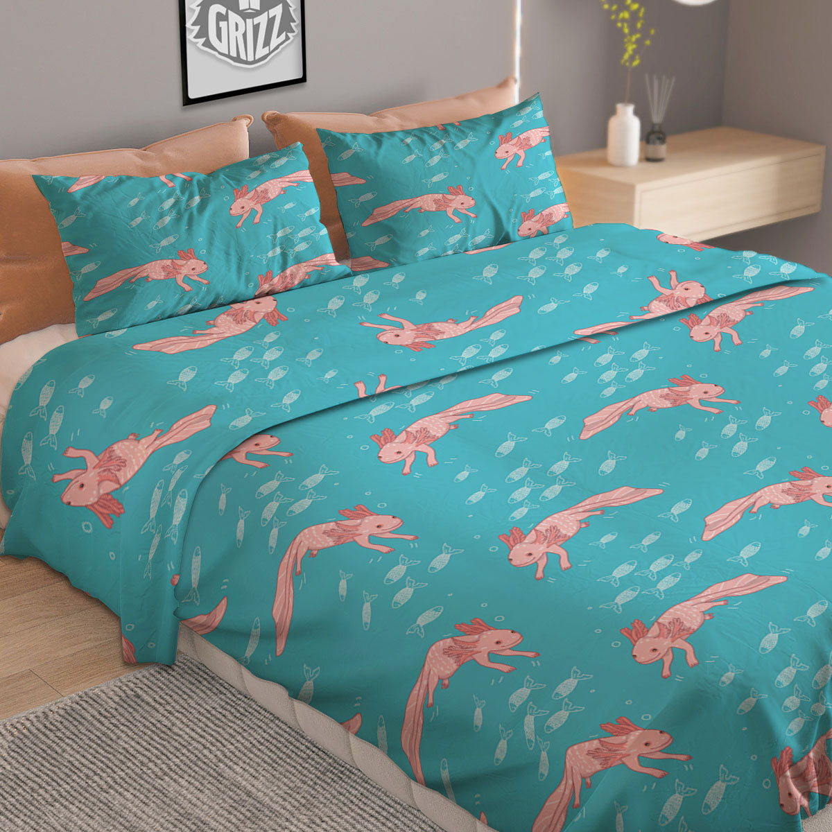 Pink Axolotl Teal Print Pattern Duvet Cover Bedding Set