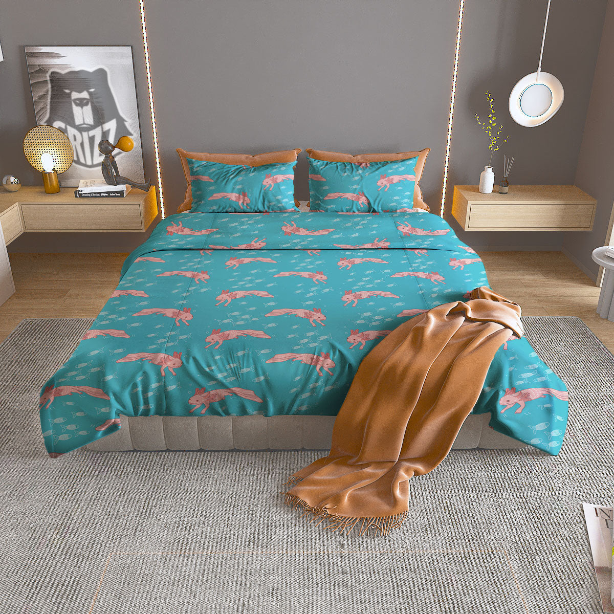 Pink Axolotl Teal Print Pattern Duvet Cover Bedding Set