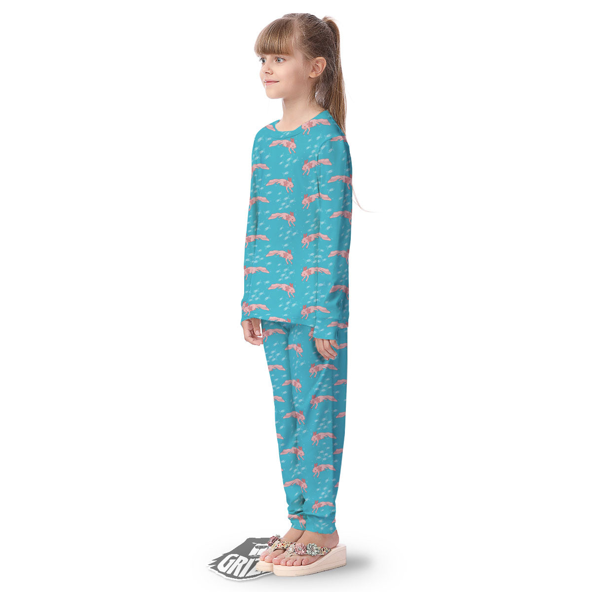Pink Axolotl Teal Print Pattern Kid's Pajamas-grizzshop