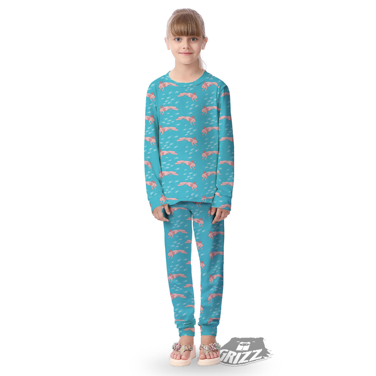 Pink Axolotl Teal Print Pattern Kid's Pajamas-grizzshop