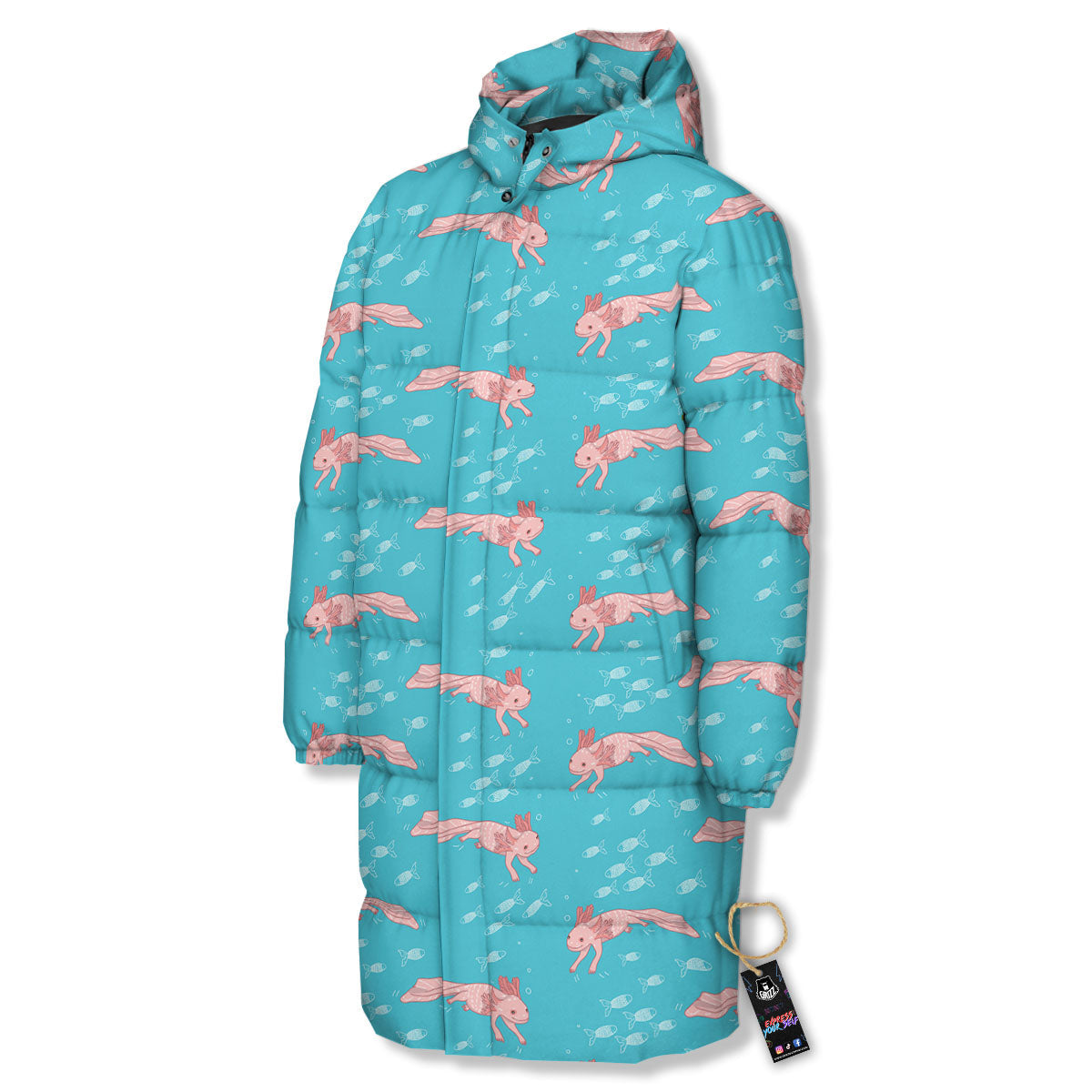 Pink Axolotl Teal Print Pattern Long Down Jacket-grizzshop