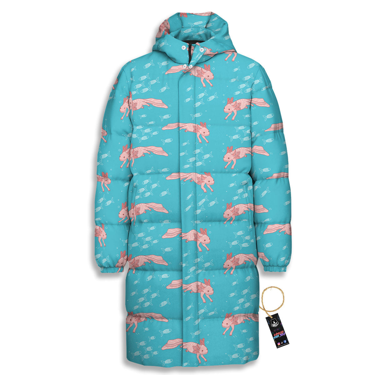 Pink Axolotl Teal Print Pattern Long Down Jacket-grizzshop