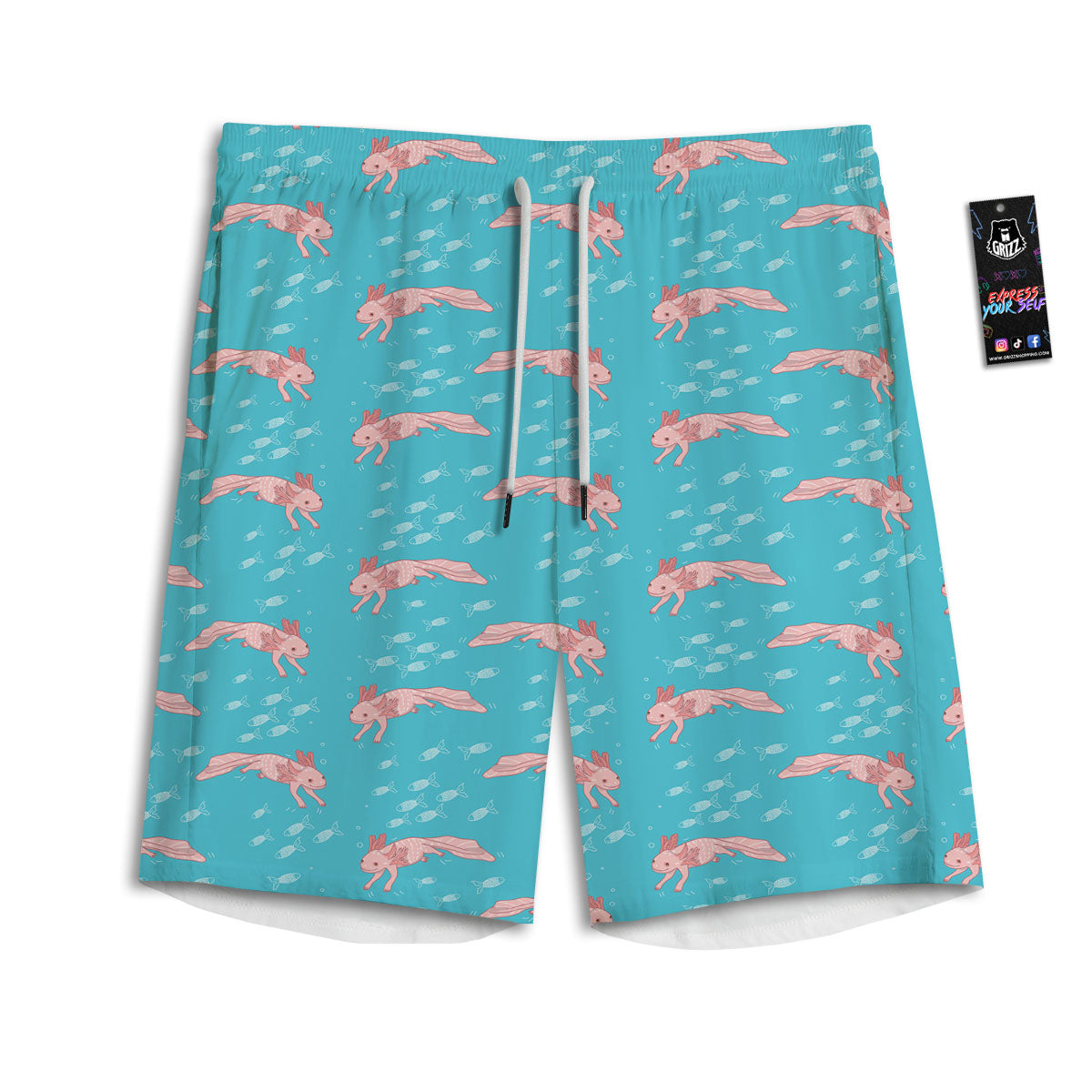 Pink Axolotl Teal Print Pattern Men's Athletic Shorts