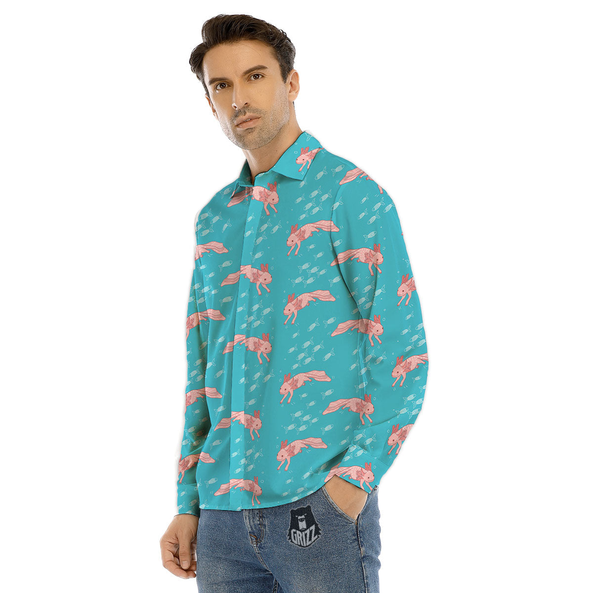 Pink Axolotl Teal Print Pattern Men's Dress Shirts-grizzshop