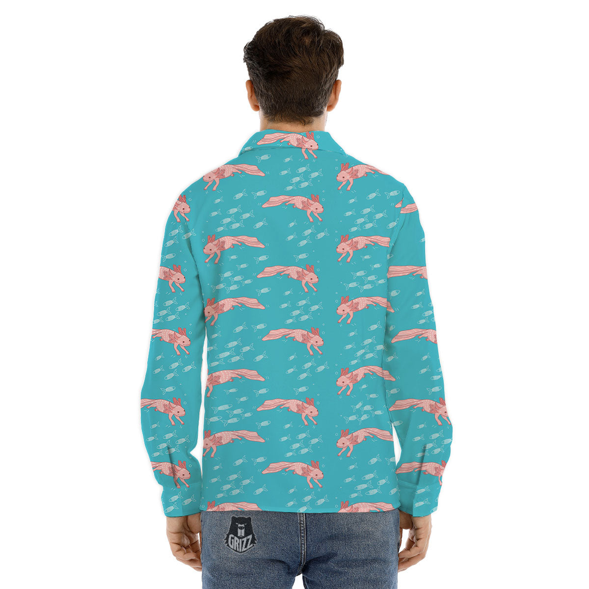 Pink Axolotl Teal Print Pattern Men's Dress Shirts-grizzshop