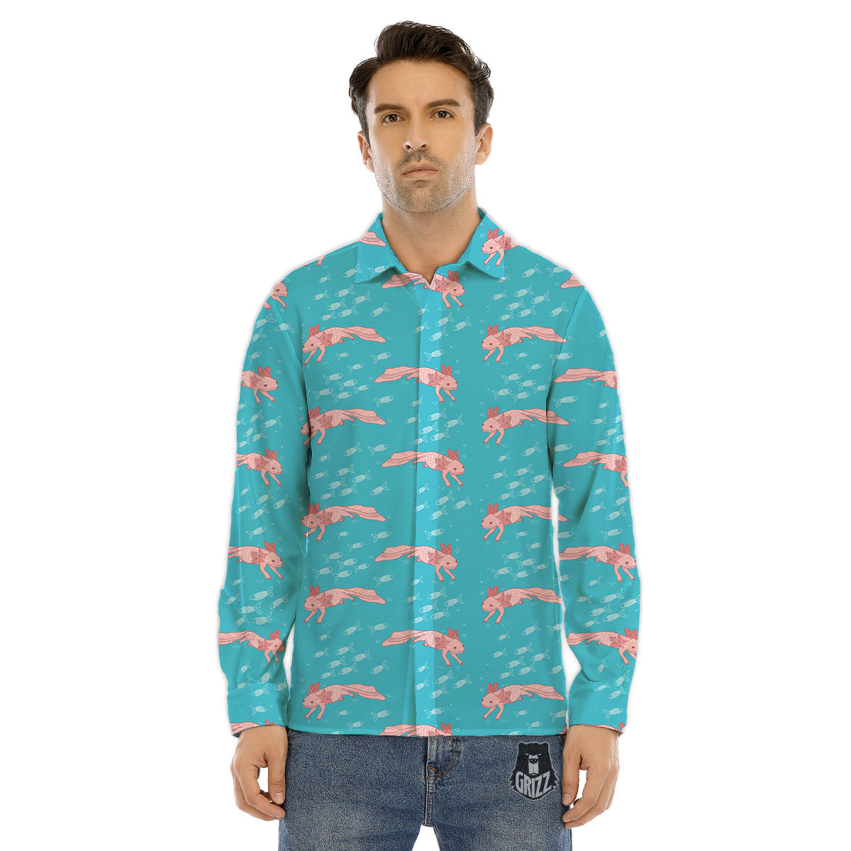 Pink Axolotl Teal Print Pattern Men's Dress Shirts-grizzshop