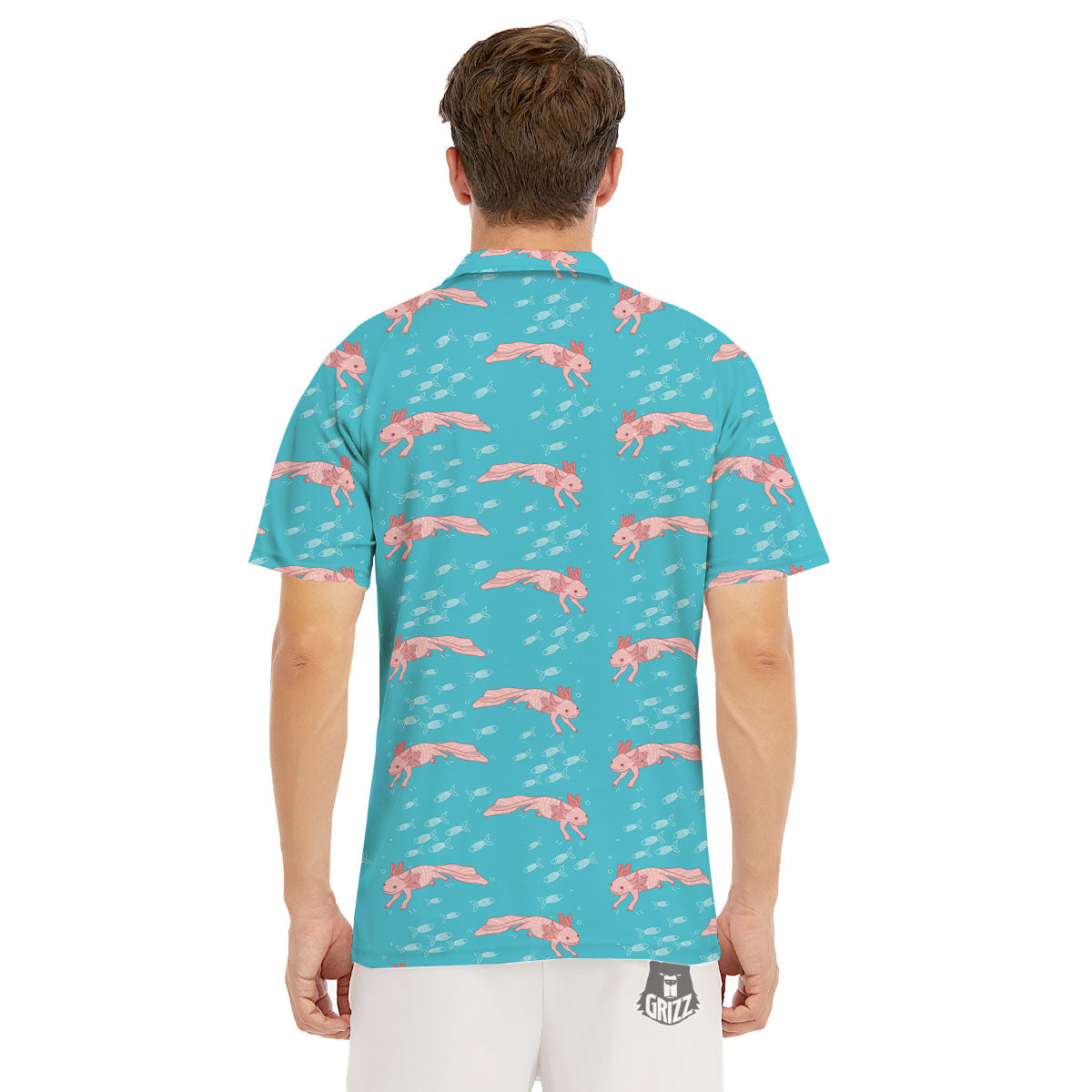 Pink Axolotl Teal Print Pattern Men's Golf Shirts-grizzshop
