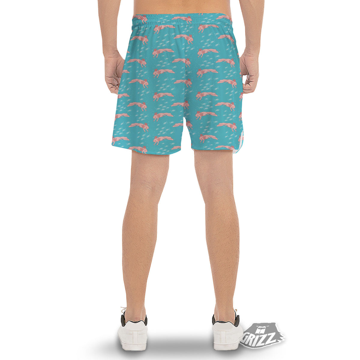 Pink Axolotl Teal Print Pattern Men's Gym Shorts-grizzshop