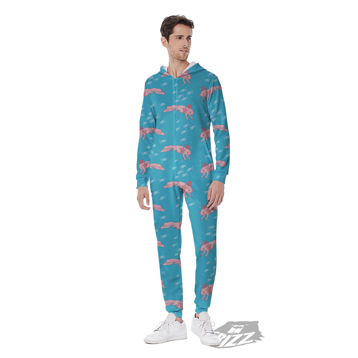 Pink Axolotl Teal Print Pattern Men's Jumpsuit-grizzshop