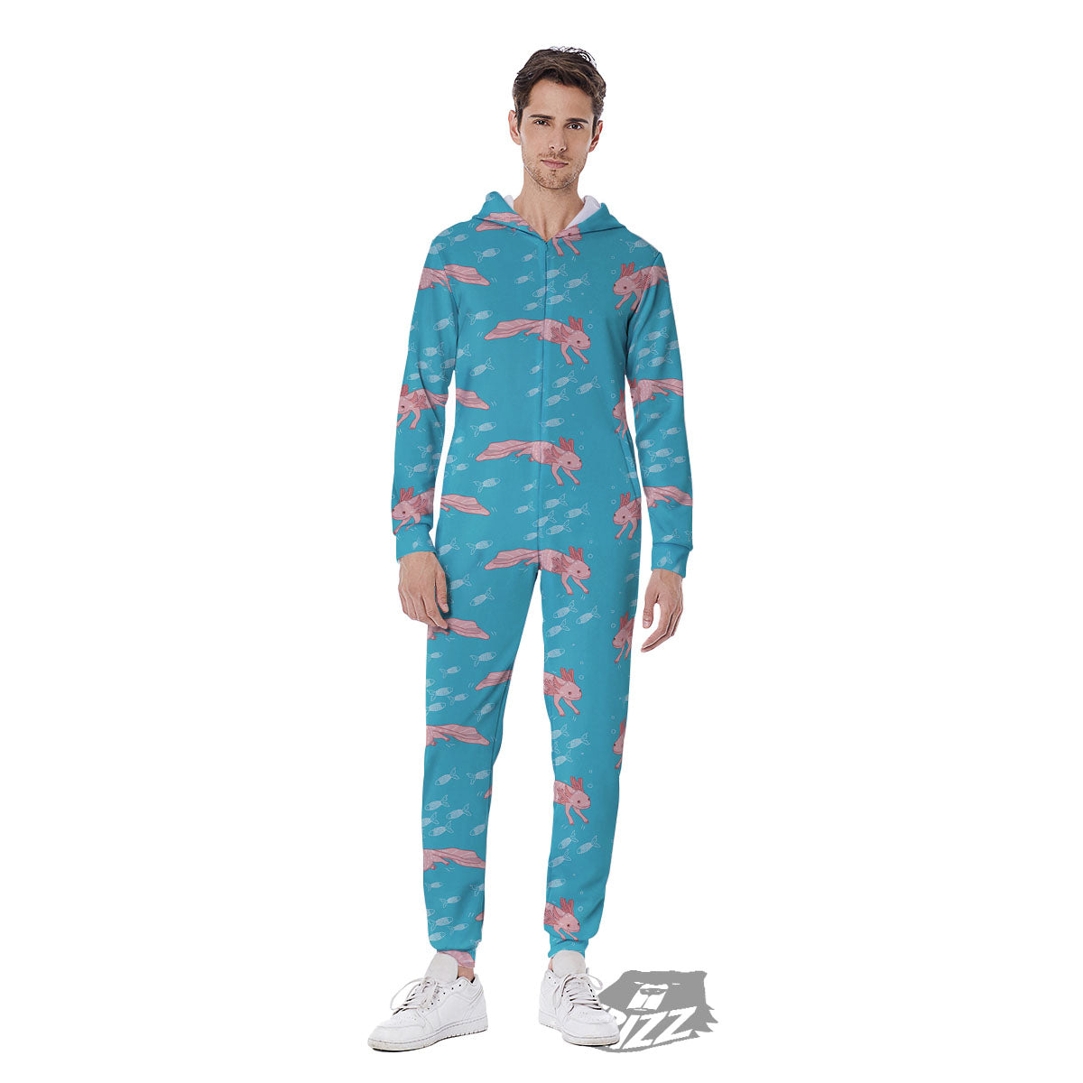 Pink Axolotl Teal Print Pattern Men's Jumpsuit-grizzshop