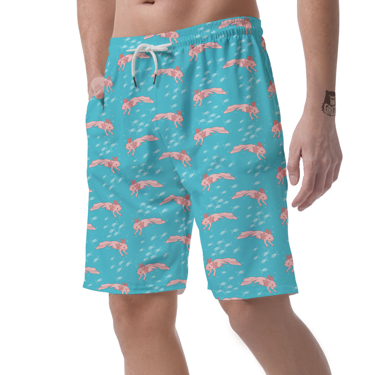 Pink Axolotl Teal Print Pattern Men's Shorts-grizzshop