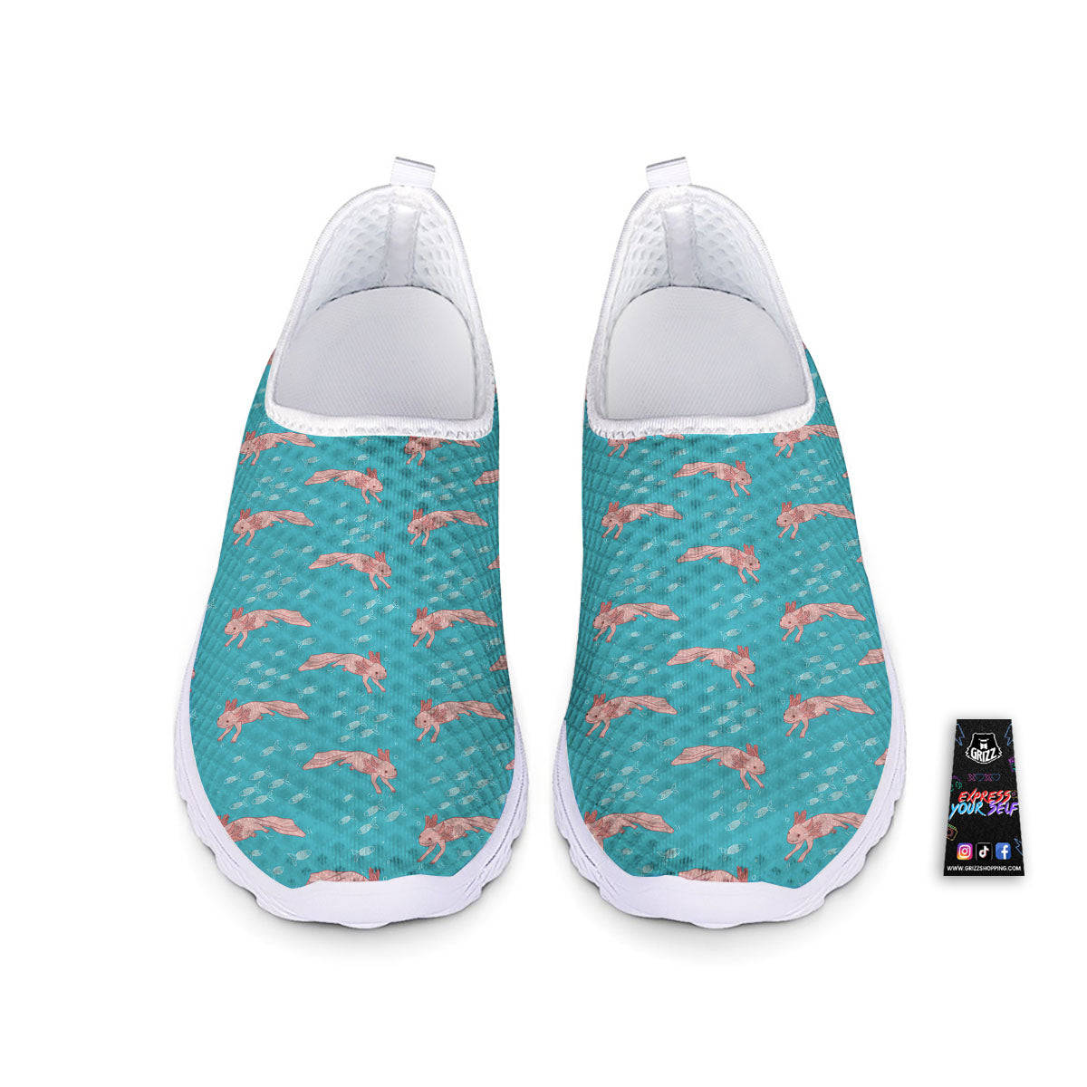 Pink Axolotl Teal Print Pattern Nurse Shoes-grizzshop