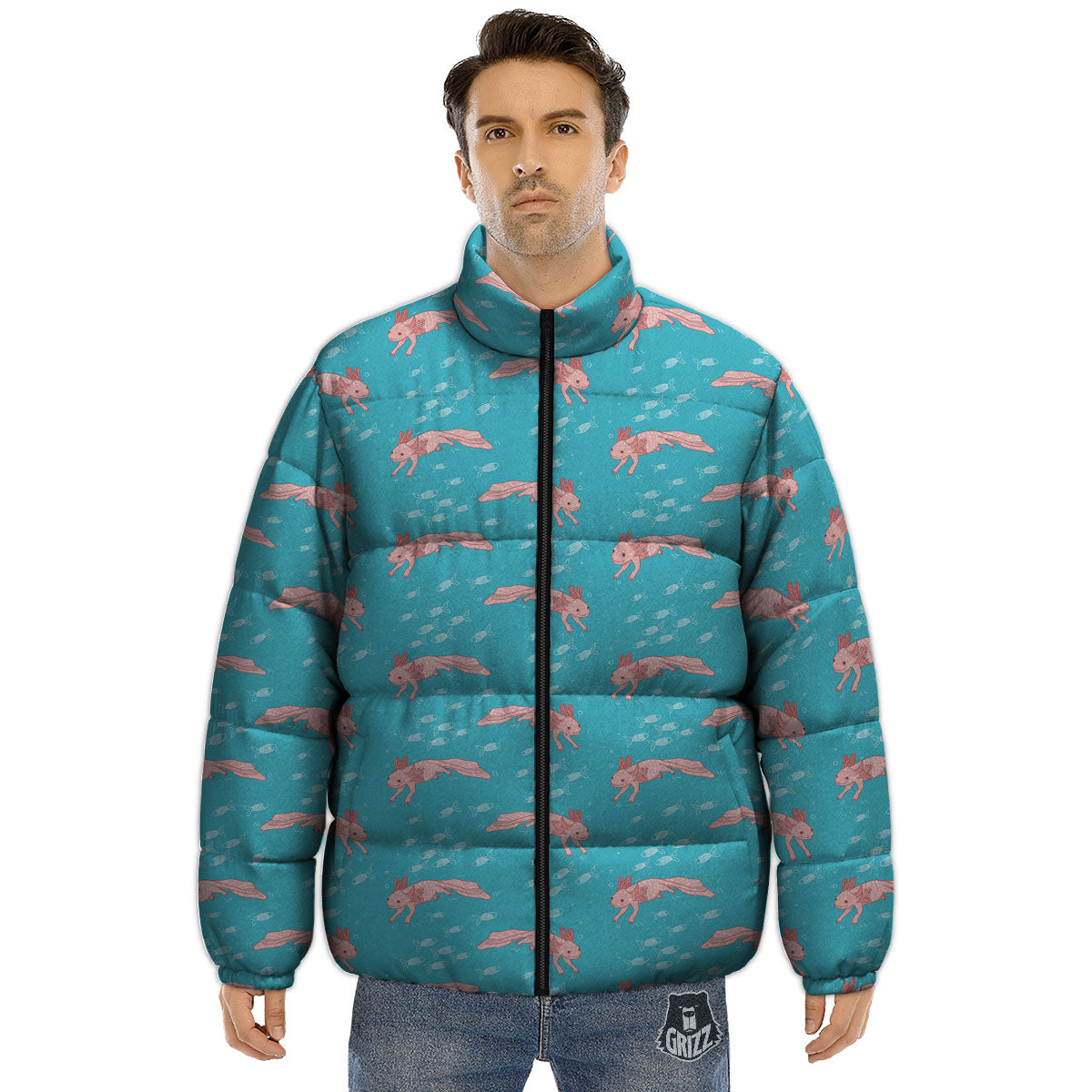 Pink Axolotl Teal Print Pattern Puffer Jacket-grizzshop