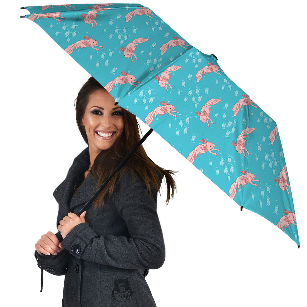 Pink Axolotl Teal Print Pattern Umbrella-grizzshop
