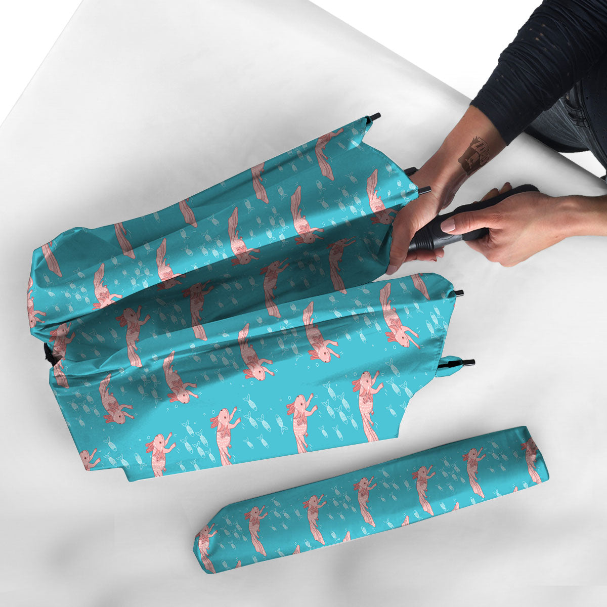 Pink Axolotl Teal Print Pattern Umbrella-grizzshop