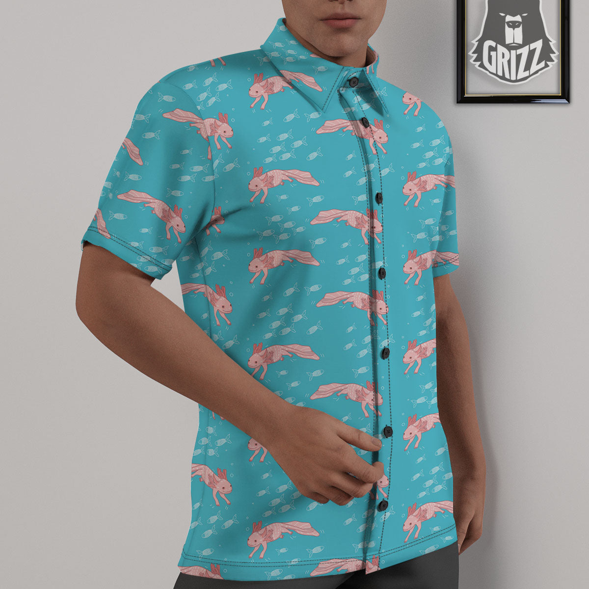 Pink Axolotl Teal Print Pattern Untucked Shirts-grizzshop