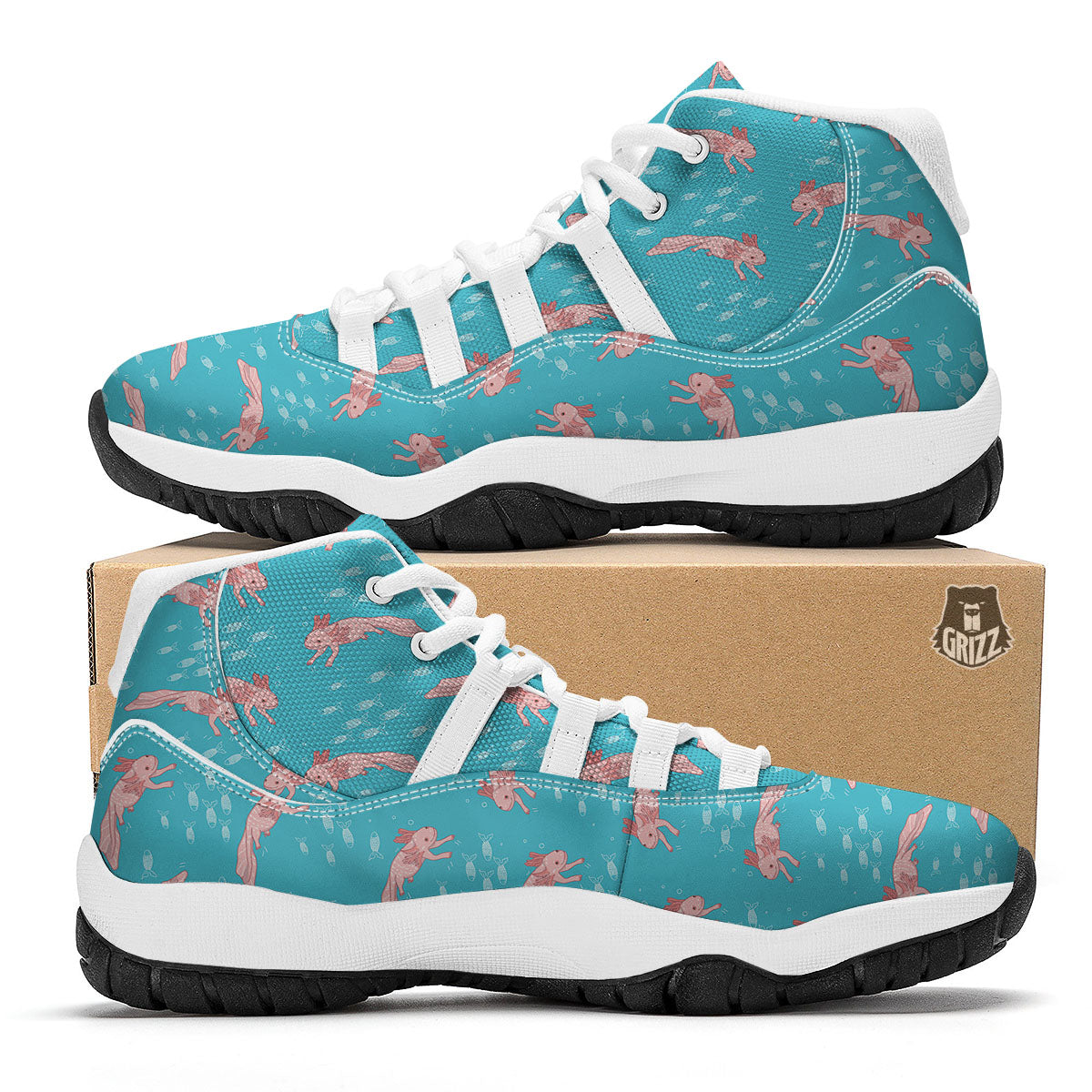 Pink Axolotl Teal Print Pattern White Bball Shoes-grizzshop