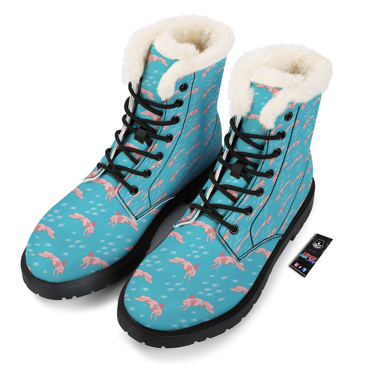 Pink Axolotl Teal Print Pattern Winter Boots-grizzshop