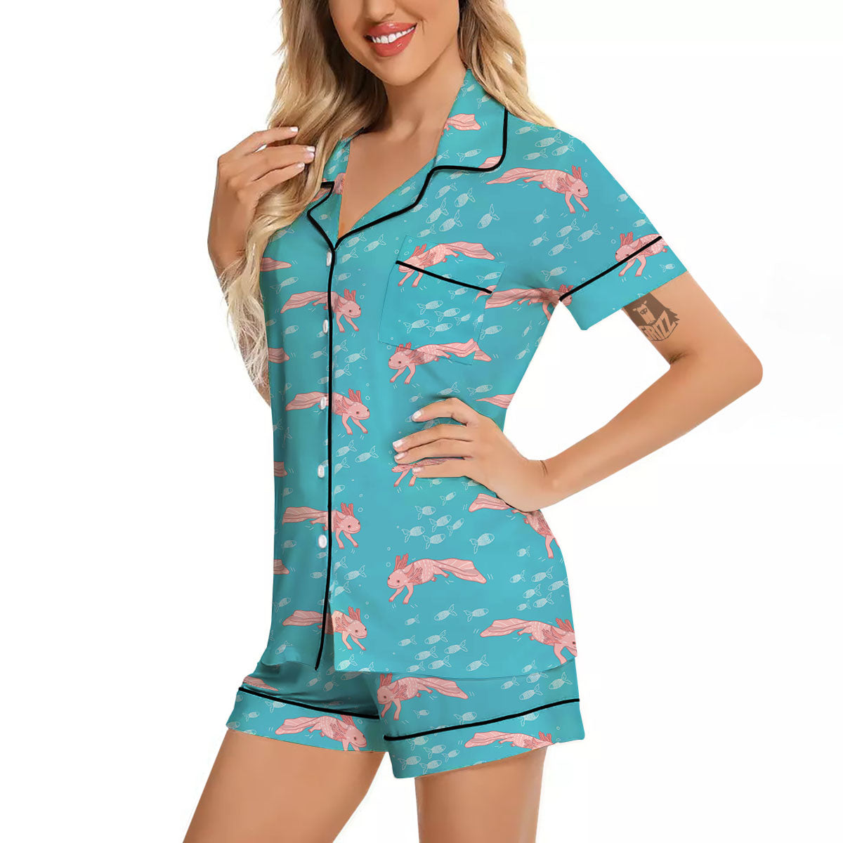 Pink Axolotl Teal Print Pattern Women Silk Pajamas-grizzshop