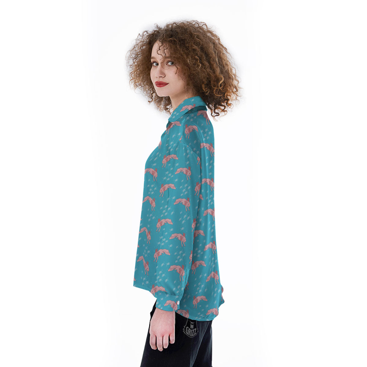 Pink Axolotl Teal Print Pattern Women's Long Sleeve Shirts-grizzshop