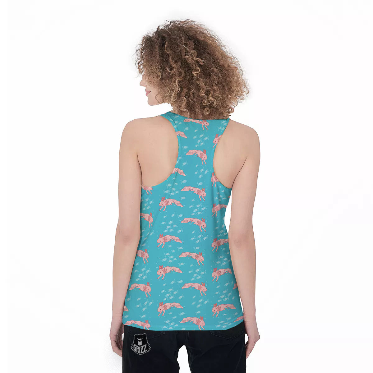 Pink Axolotl Teal Print Pattern Women's Racerback Tank Top-grizzshop