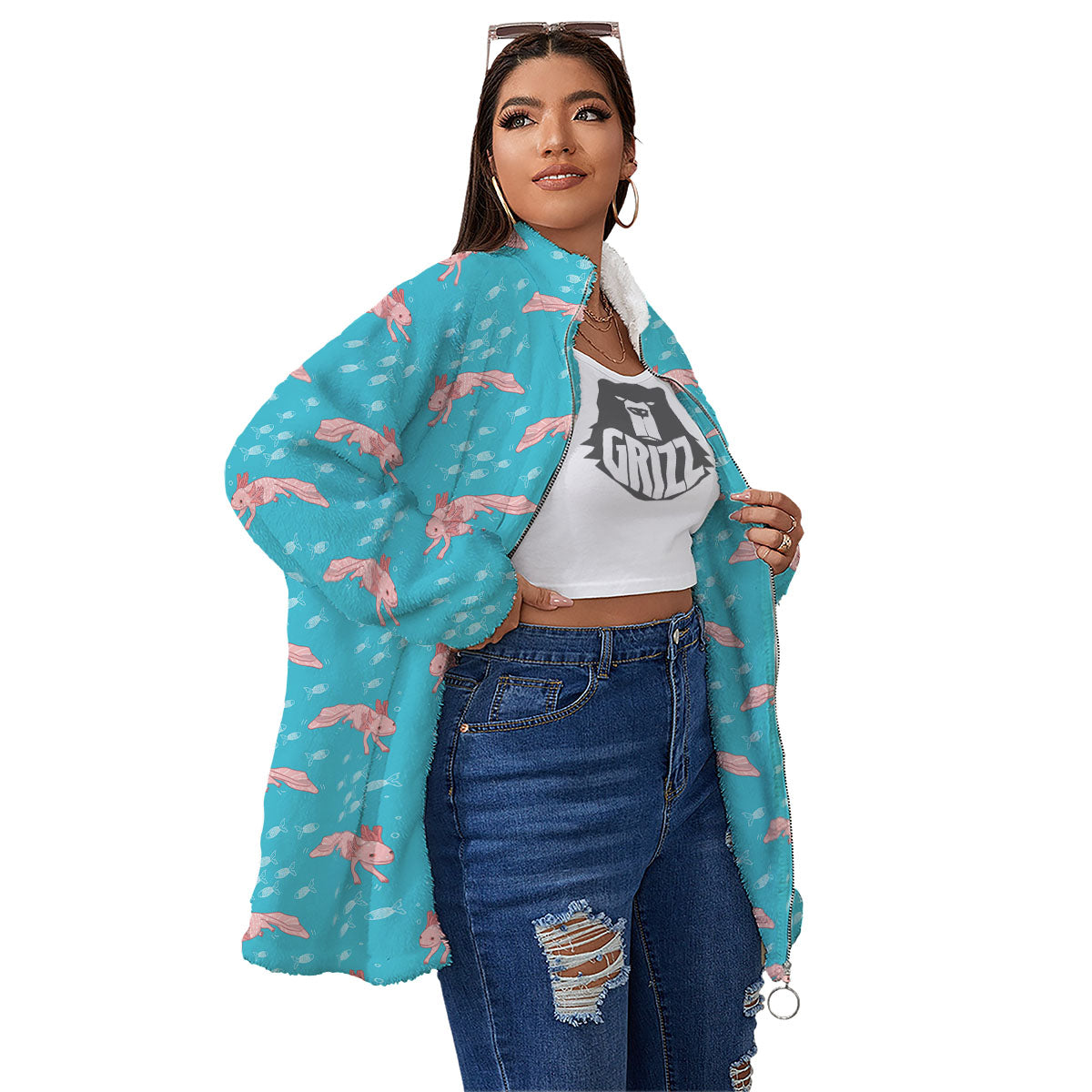 Pink Axolotl Teal Print Pattern Women's Sherpa Jacket-grizzshop