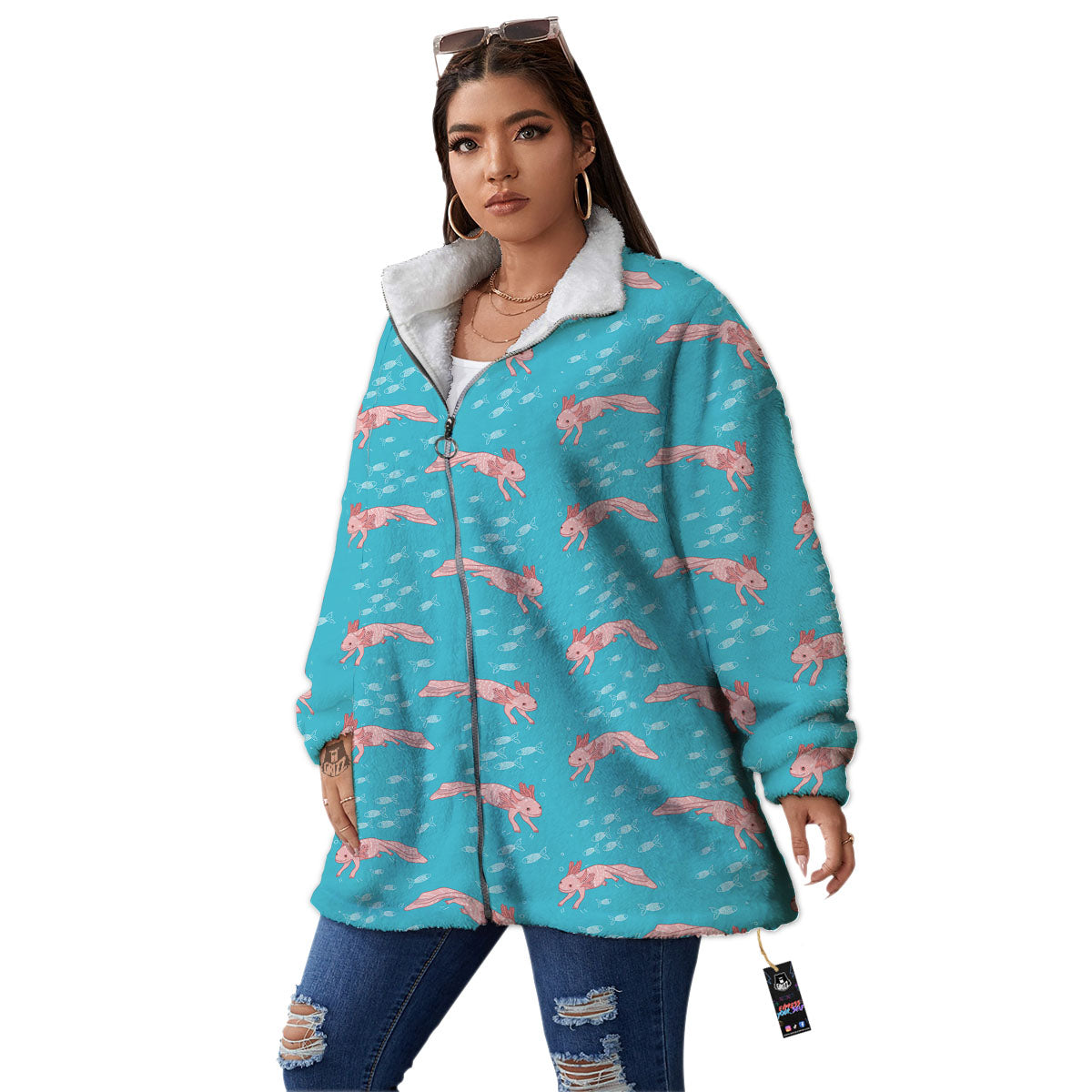 Pink Axolotl Teal Print Pattern Women's Sherpa Jacket-grizzshop